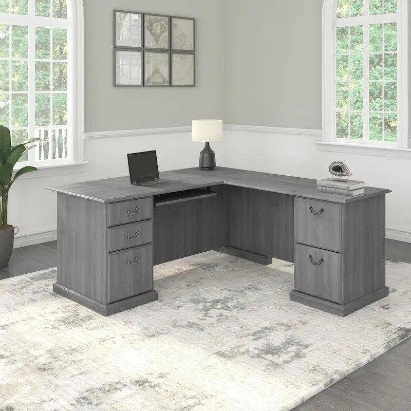 L-Shaped Computer Desk with 3 File Drawers, 2 Box Drawers and Keyboard Tray