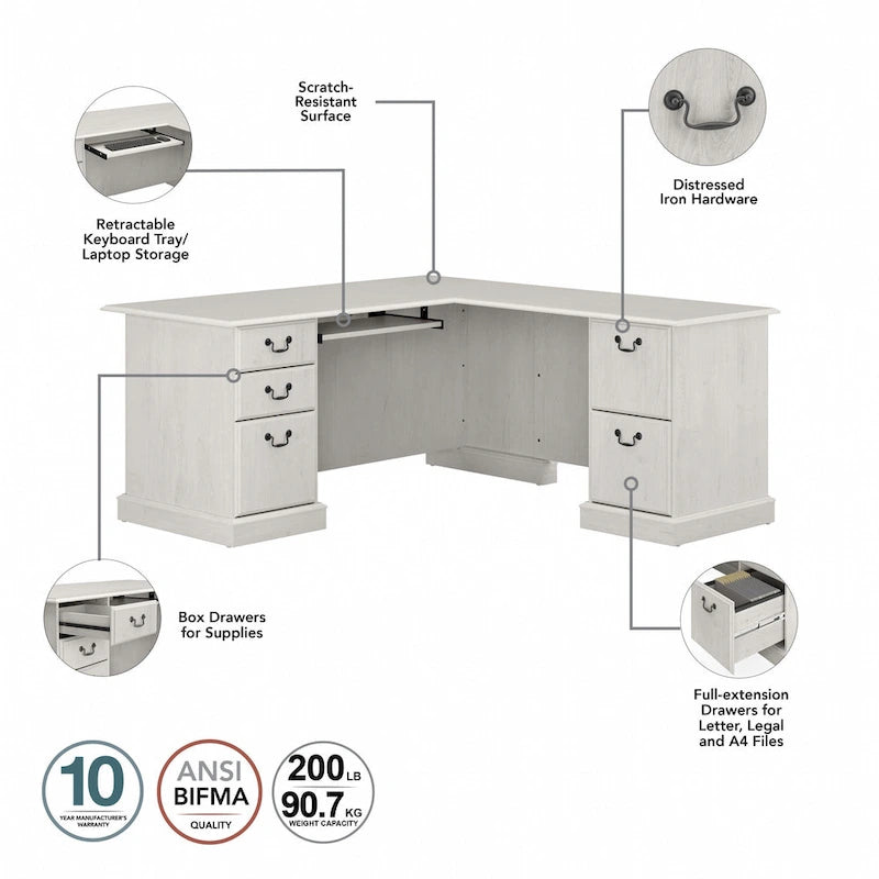 L-Shaped Computer Desk with 3 File Drawers, 2 Box Drawers and Keyboard Tray