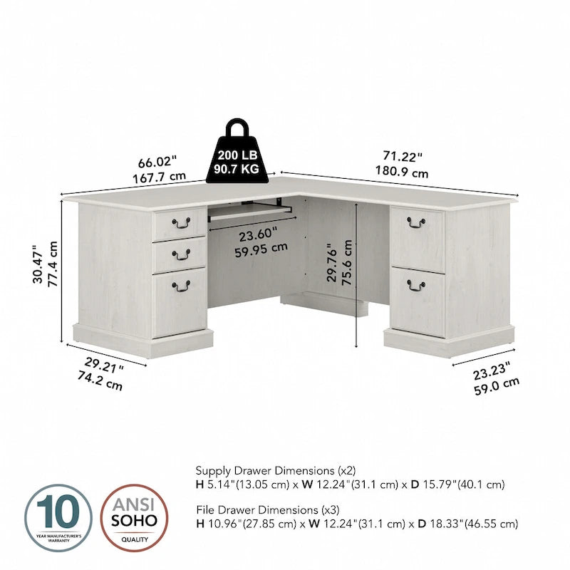 L-Shaped Computer Desk with 3 File Drawers, 2 Box Drawers and Keyboard Tray