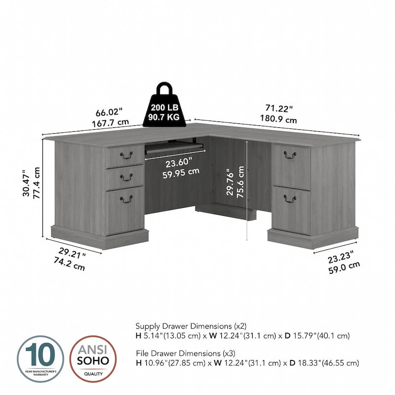 L-Shaped Computer Desk with 3 File Drawers, 2 Box Drawers and Keyboard Tray