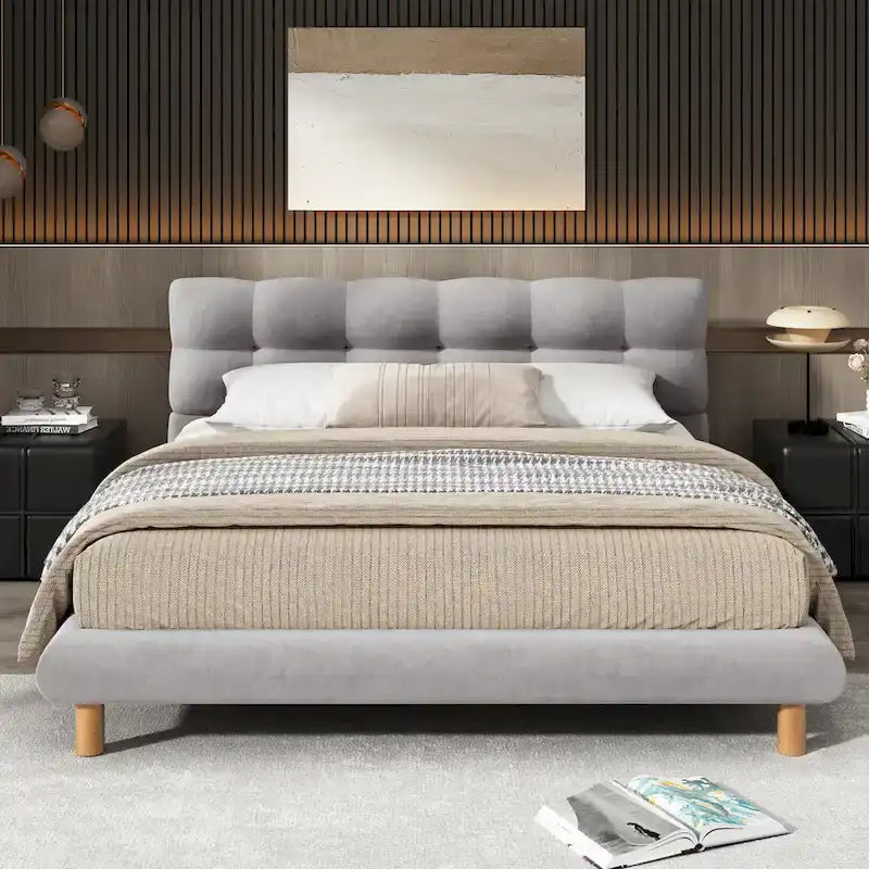 Boucle Upholstered Platform Bed with Cookie-Shaped Headboard and Rubber Wood Legs