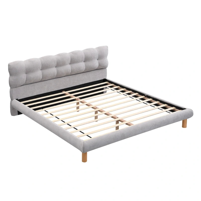 Boucle Upholstered Platform Bed with Cookie-Shaped Headboard and Rubber Wood Legs