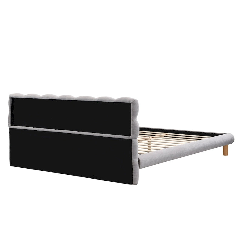 Boucle Upholstered Platform Bed with Cookie-Shaped Headboard and Rubber Wood Legs