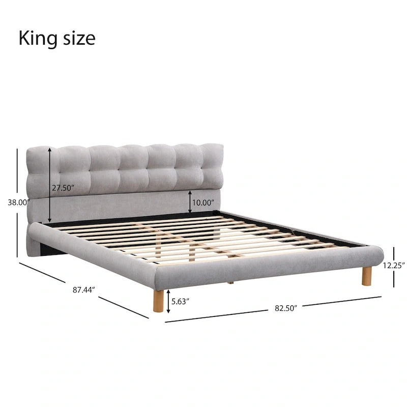 Boucle Upholstered Platform Bed with Cookie-Shaped Headboard and Rubber Wood Legs