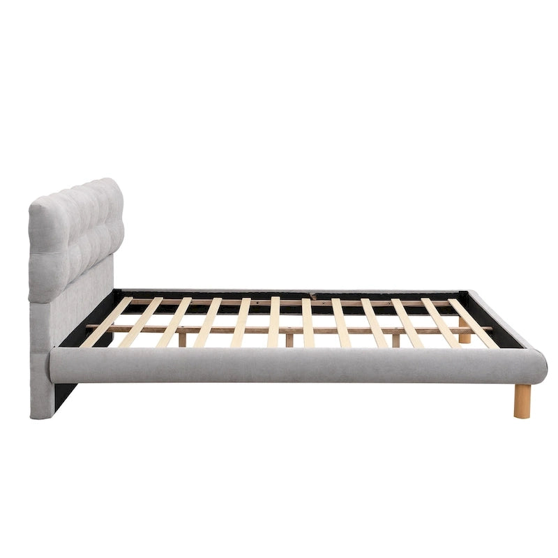 Boucle Upholstered Platform Bed with Cookie-Shaped Headboard and Rubber Wood Legs