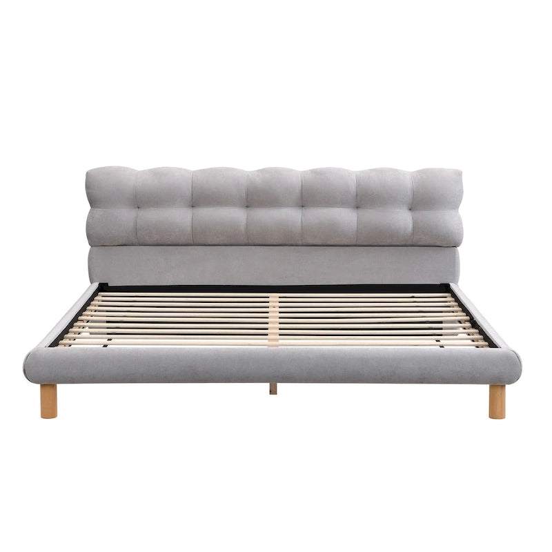 Boucle Upholstered Platform Bed with Cookie-Shaped Headboard and Rubber Wood Legs
