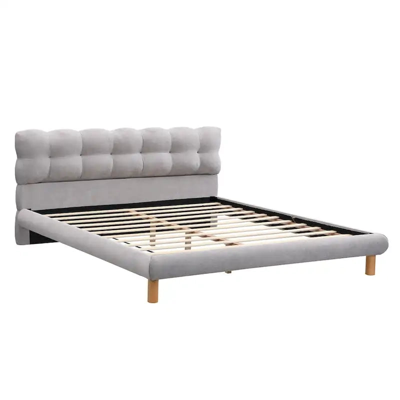 Boucle Upholstered Platform Bed with Cookie-Shaped Headboard and Rubber Wood Legs