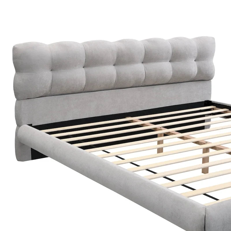 Boucle Upholstered Platform Bed with Cookie-Shaped Headboard and Rubber Wood Legs