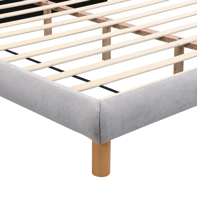 Boucle Upholstered Platform Bed with Cookie-Shaped Headboard and Rubber Wood Legs