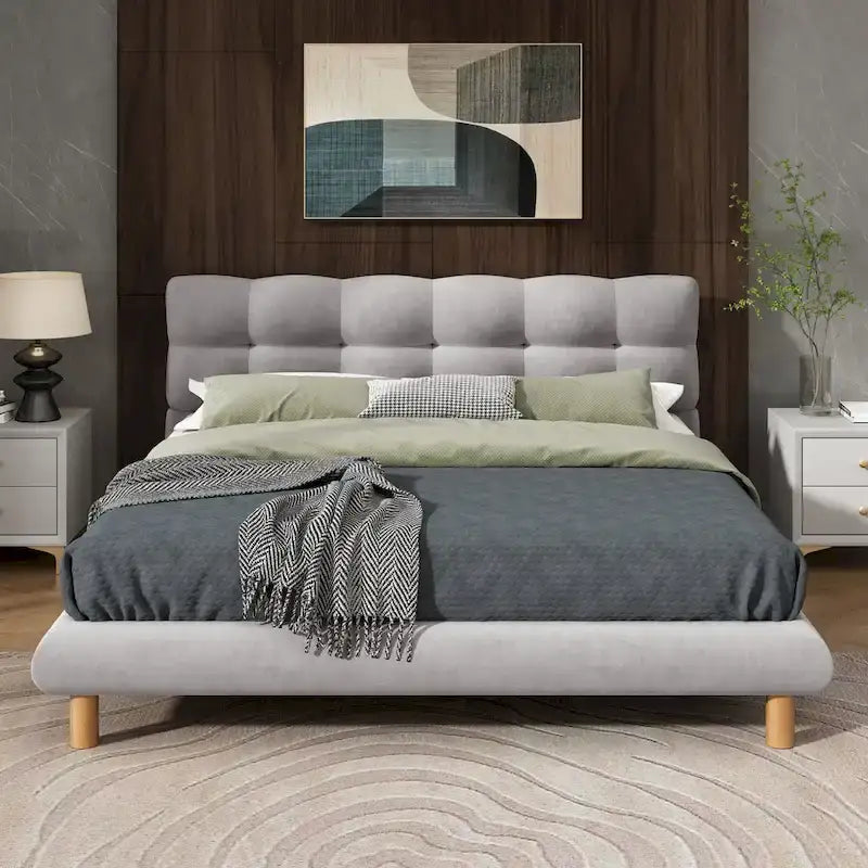 Boucle Upholstered Platform Bed with Cookie-Shaped Headboard and Rubber Wood Legs