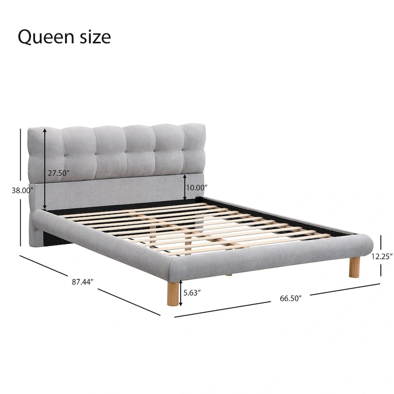 Boucle Upholstered Platform Bed with Cookie-Shaped Headboard and Rubber Wood Legs