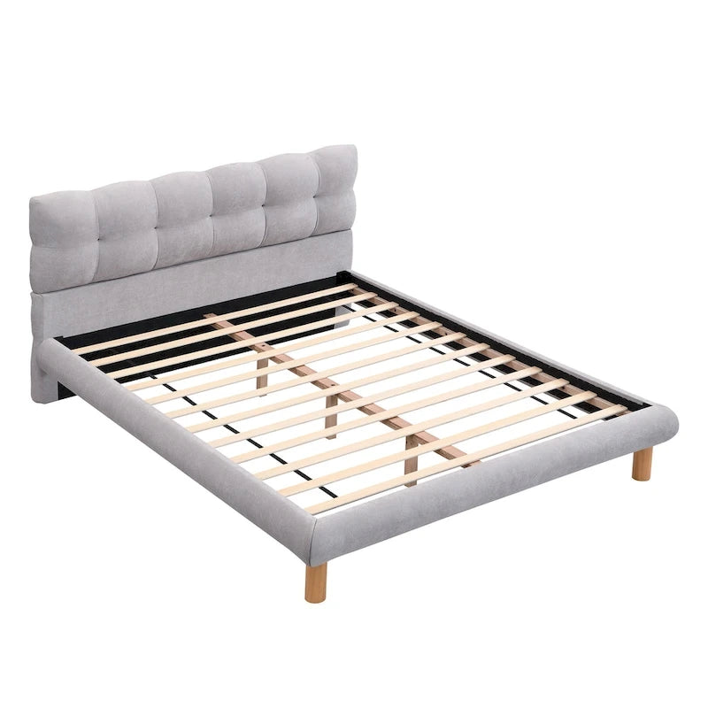 Boucle Upholstered Platform Bed with Cookie-Shaped Headboard and Rubber Wood Legs