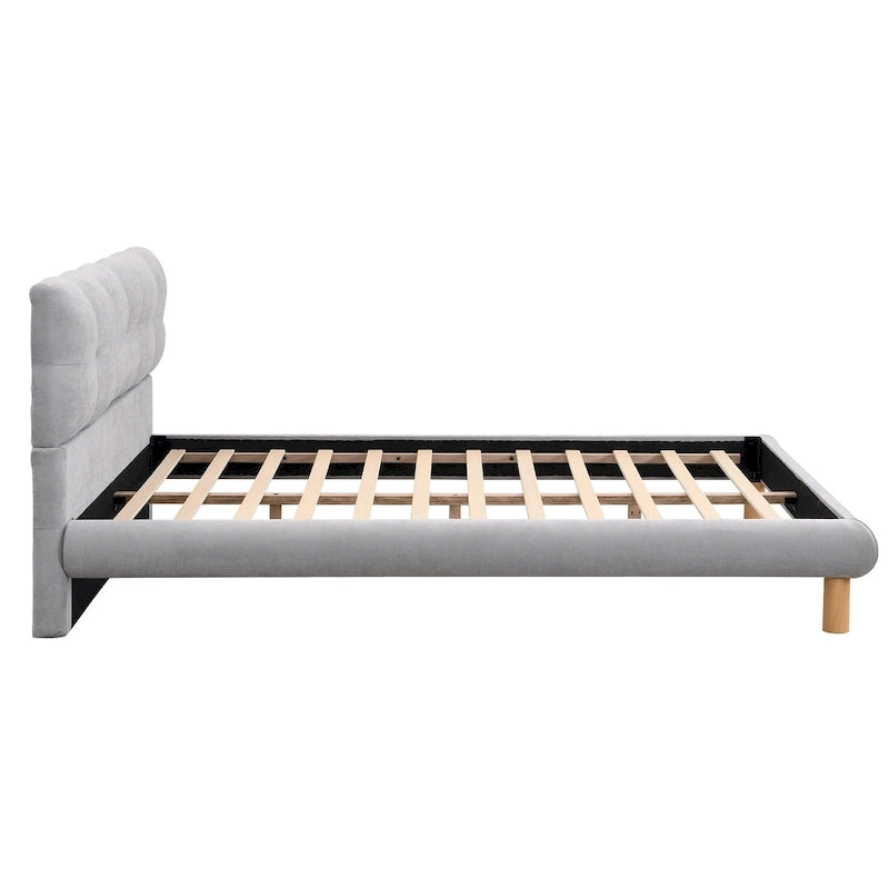 Boucle Upholstered Platform Bed with Cookie-Shaped Headboard and Rubber Wood Legs
