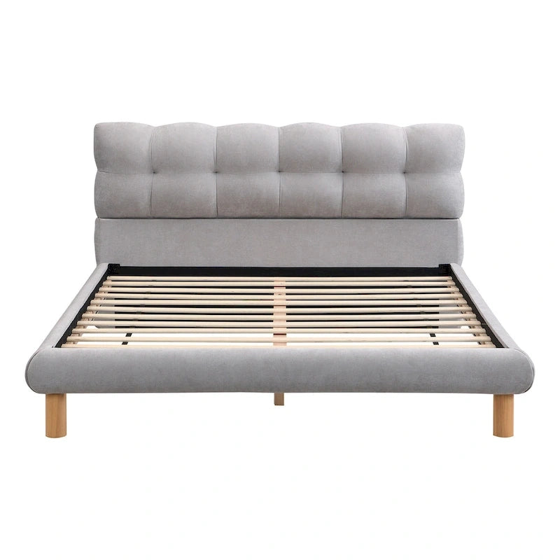 Boucle Upholstered Platform Bed with Cookie-Shaped Headboard and Rubber Wood Legs
