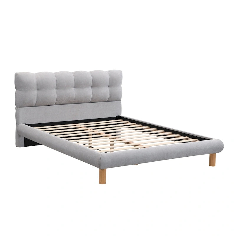 Boucle Upholstered Platform Bed with Cookie-Shaped Headboard and Rubber Wood Legs