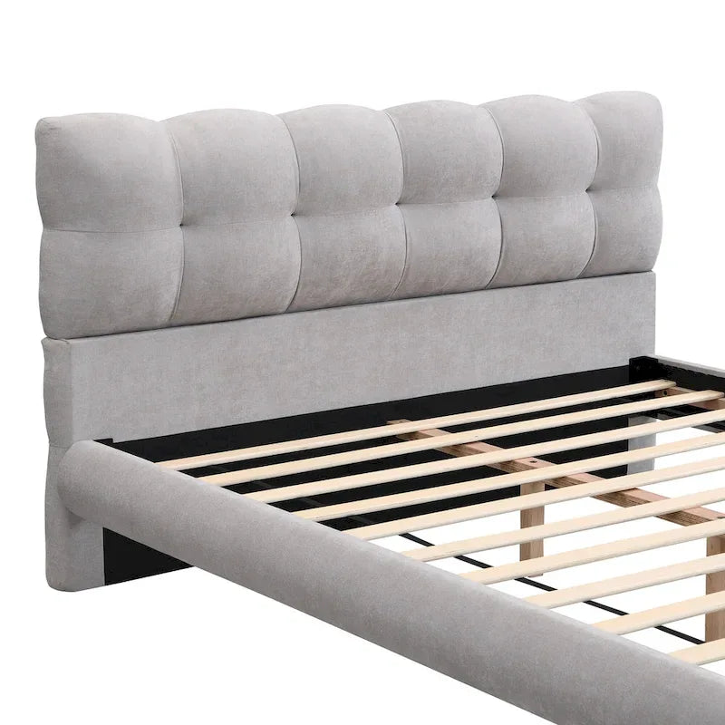 Boucle Upholstered Platform Bed with Cookie-Shaped Headboard and Rubber Wood Legs