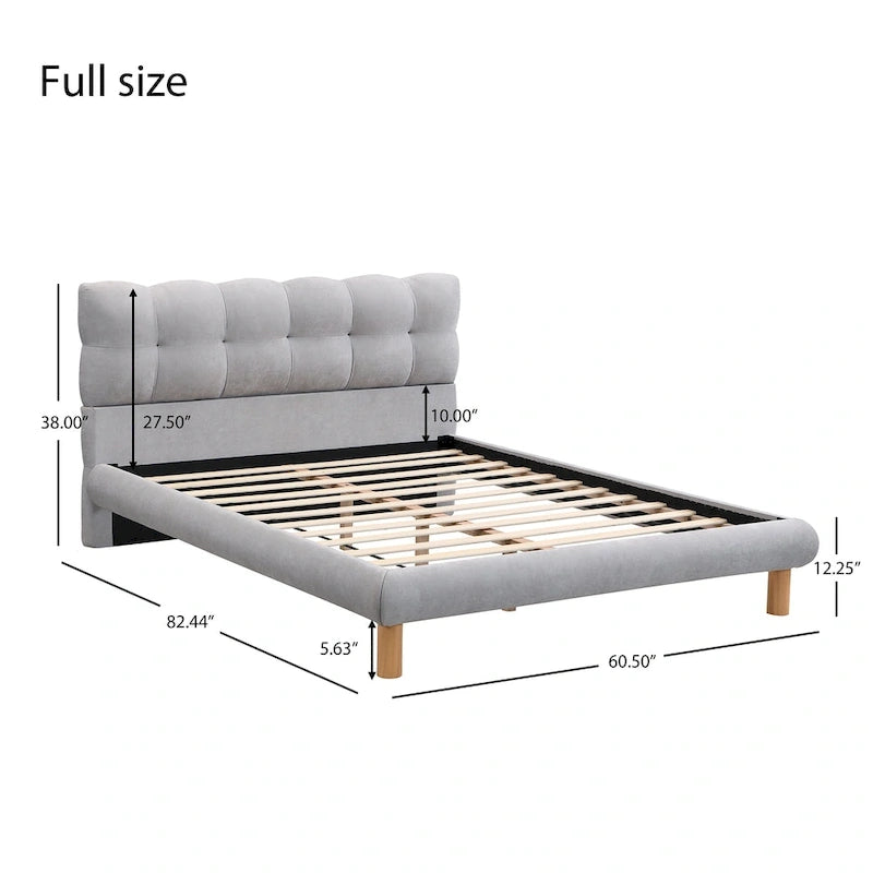 Boucle Upholstered Platform Bed with Cookie-Shaped Headboard and Rubber Wood Legs