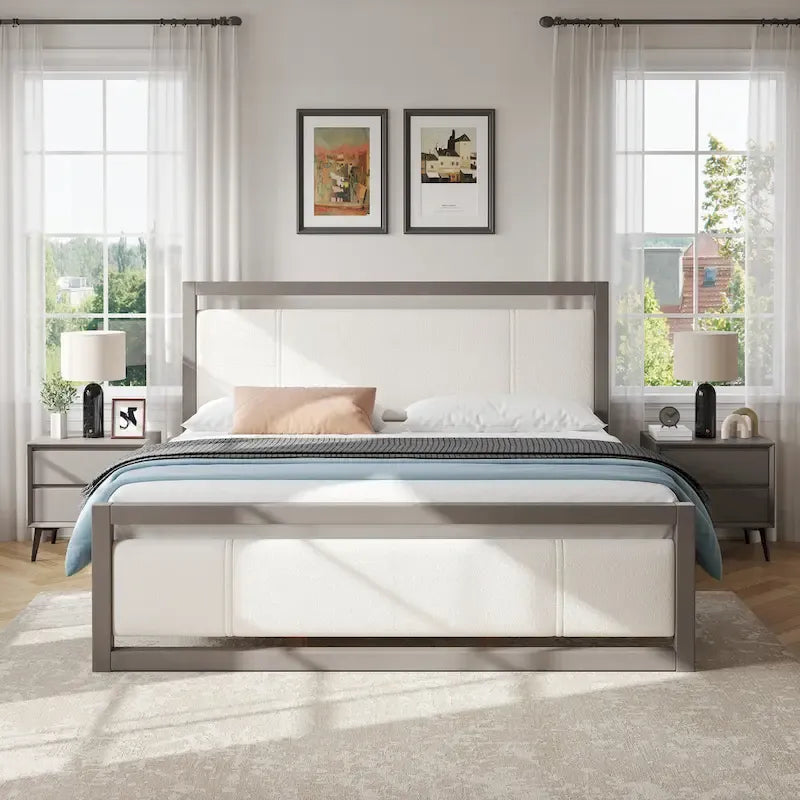 King Platform Bed with Ivory Boucle Fabric Headboard and Gray Wood Frame