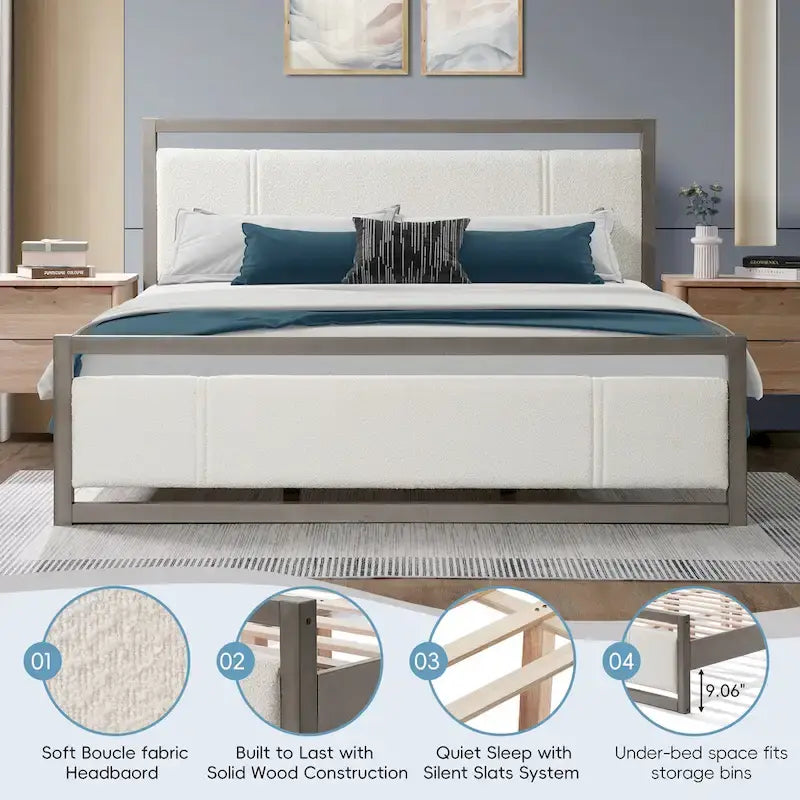 King Platform Bed with Ivory Boucle Fabric Headboard and Gray Wood Frame
