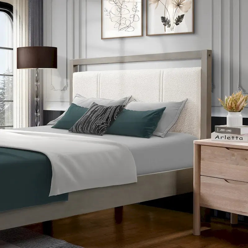 King Platform Bed with Ivory Boucle Fabric Headboard and Gray Wood Frame