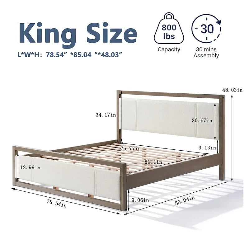King Platform Bed with Ivory Boucle Fabric Headboard and Gray Wood Frame