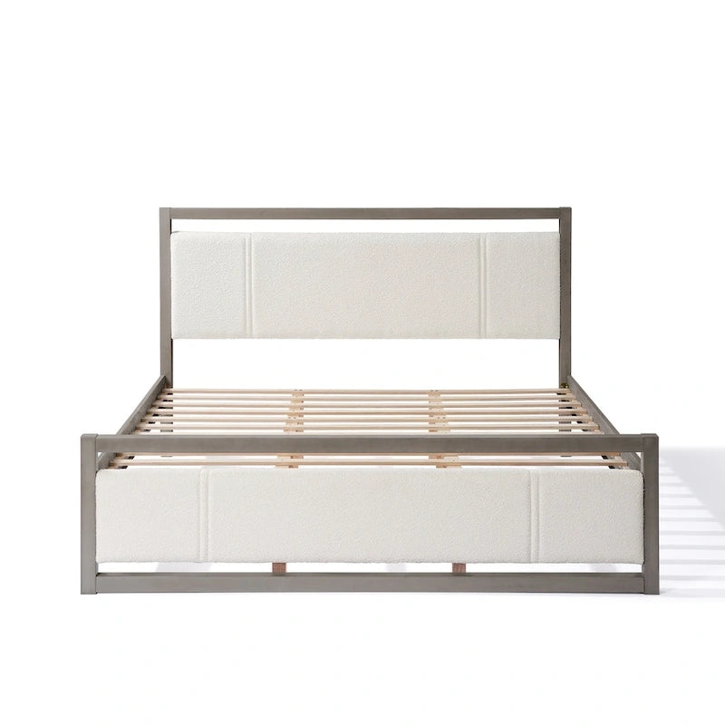 King Platform Bed with Ivory Boucle Fabric Headboard and Gray Wood Frame