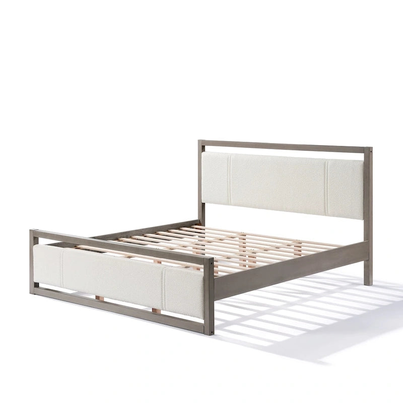 King Platform Bed with Ivory Boucle Fabric Headboard and Gray Wood Frame