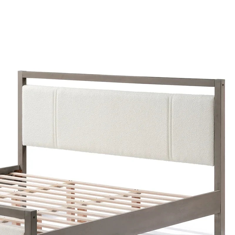 King Platform Bed with Ivory Boucle Fabric Headboard and Gray Wood Frame