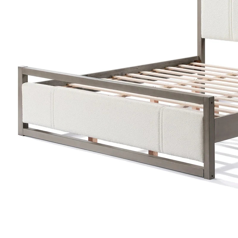 King Platform Bed with Ivory Boucle Fabric Headboard and Gray Wood Frame