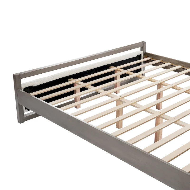 King Platform Bed with Ivory Boucle Fabric Headboard and Gray Wood Frame