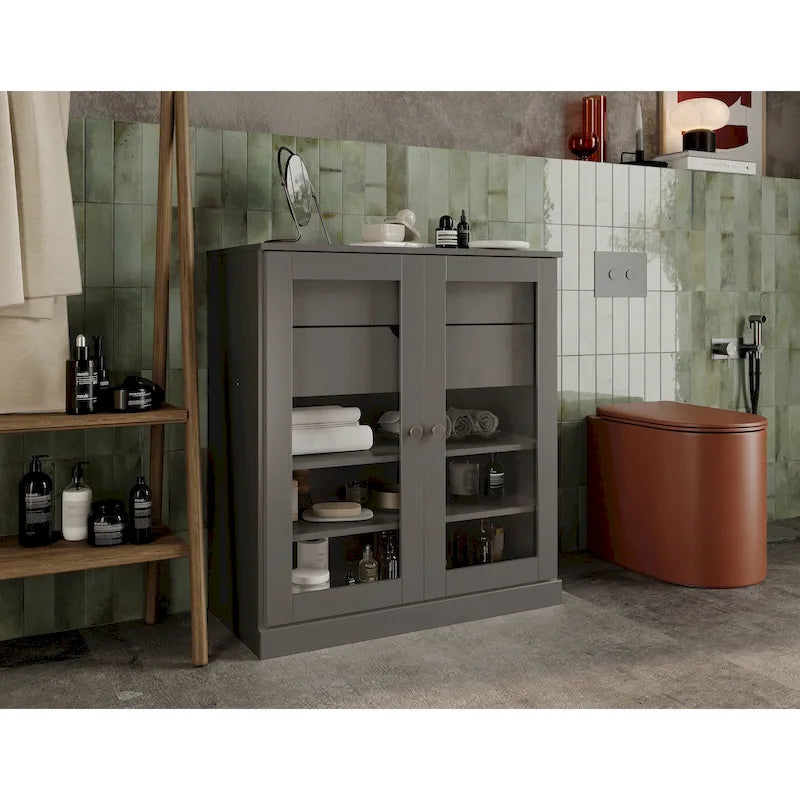 Palace Imports 100% Solid Wood 32 Bathroom Cabinet with Clear Glass Doors, 2-Drawers and Adjustable Shelves