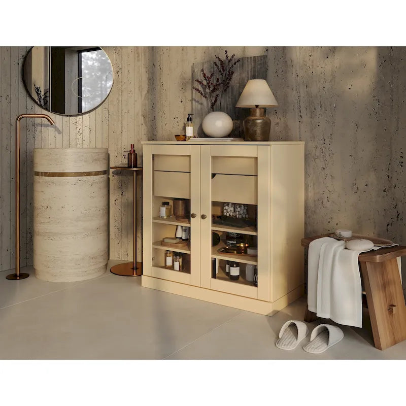 Palace Imports 100% Solid Wood 32 Bathroom Cabinet with Clear Glass Doors, 2-Drawers and Adjustable Shelves