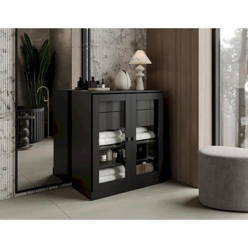Palace Imports 100% Solid Wood 32 Bathroom Cabinet with Clear Glass Doors, 2-Drawers and Adjustable Shelves
