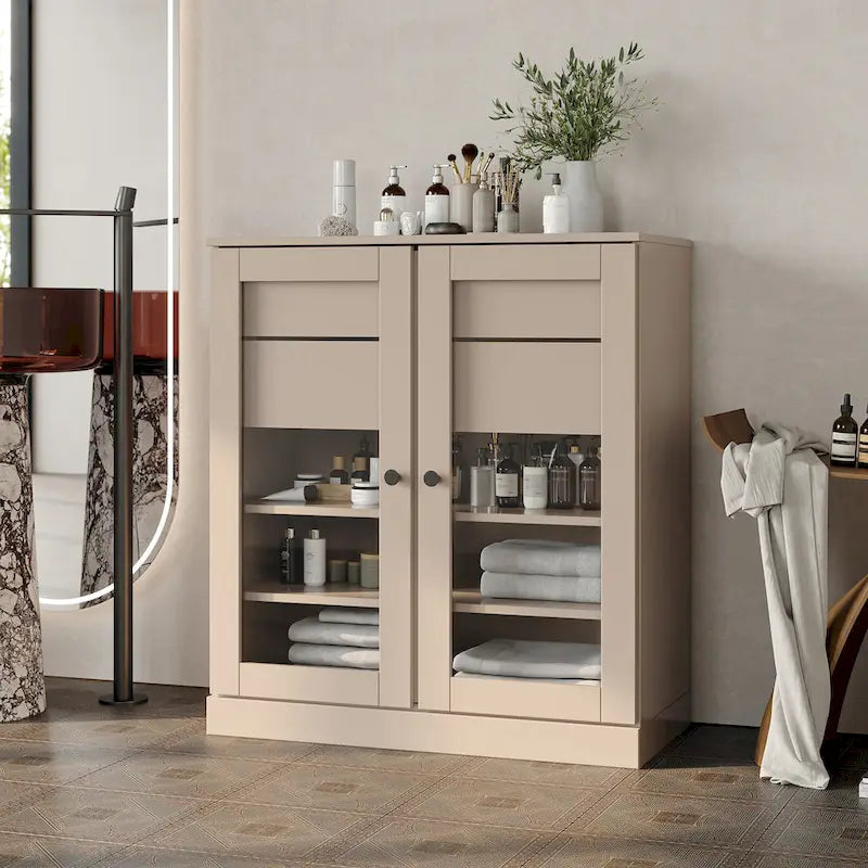 Palace Imports 100% Solid Wood 32 Bathroom Cabinet with Clear Glass Doors, 2-Drawers and Adjustable Shelves