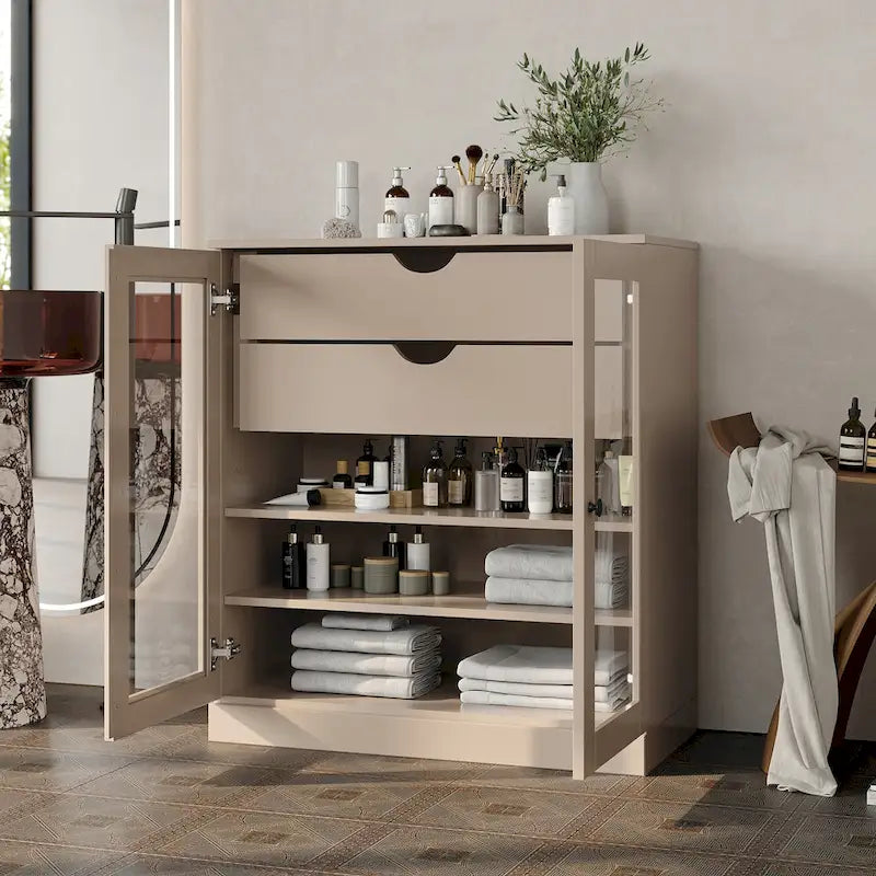 Palace Imports 100% Solid Wood 32 Bathroom Cabinet with Clear Glass Doors, 2-Drawers and Adjustable Shelves