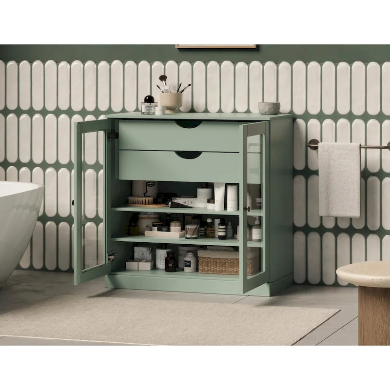 Palace Imports 100% Solid Wood 32 Bathroom Cabinet with Clear Glass Doors, 2-Drawers and Adjustable Shelves