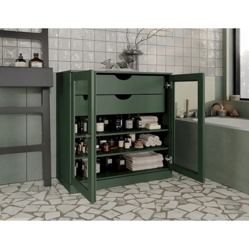 Palace Imports 100% Solid Wood 32 Bathroom Cabinet with Clear Glass Doors, 2-Drawers and Adjustable Shelves