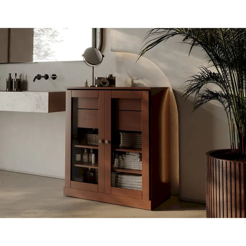 Palace Imports 100% Solid Wood 32 Bathroom Cabinet with Clear Glass Doors, 2-Drawers and Adjustable Shelves