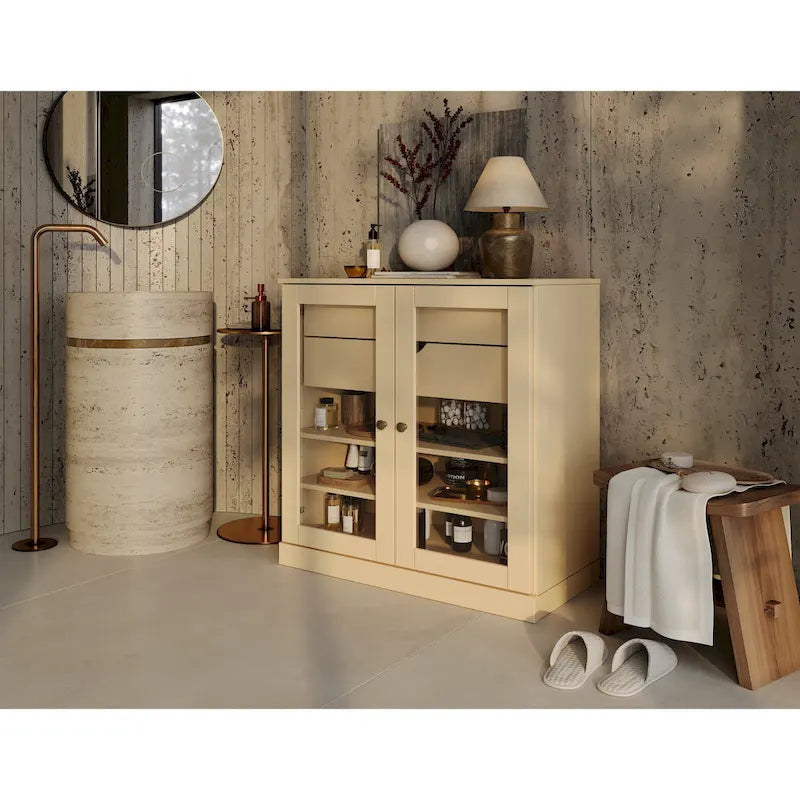 Palace Imports 100% Solid Wood 32 Bathroom Cabinet with Clear Glass Doors, 2-Drawers and Adjustable Shelves