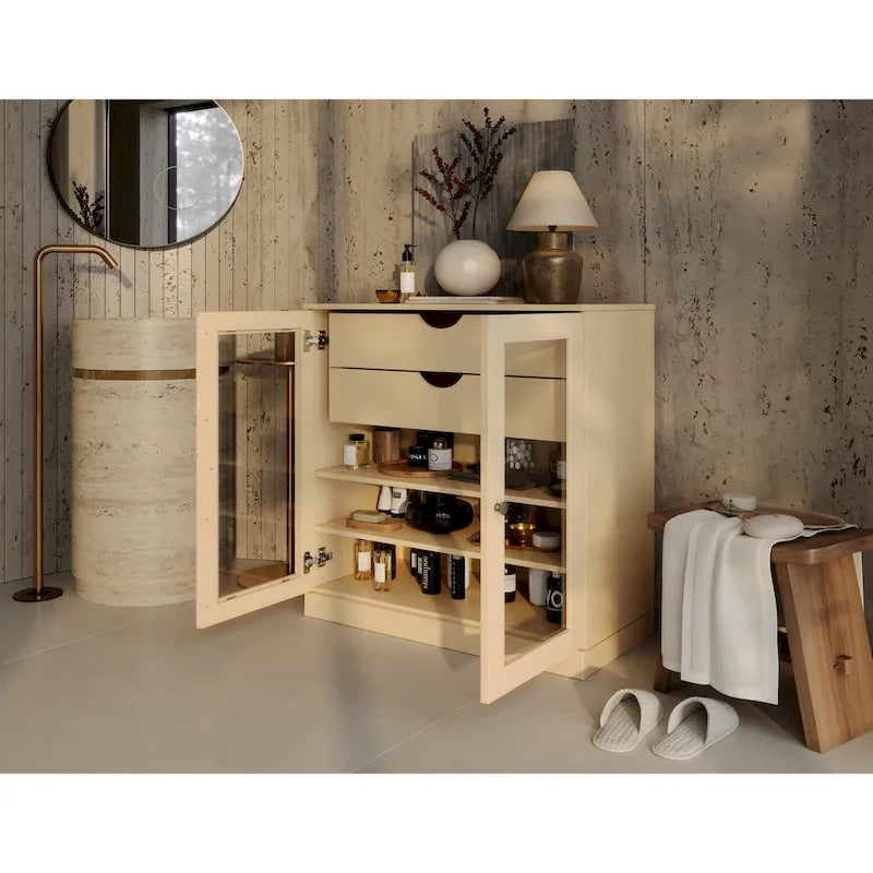 Palace Imports 100% Solid Wood 32 Bathroom Cabinet with Clear Glass Doors, 2-Drawers and Adjustable Shelves