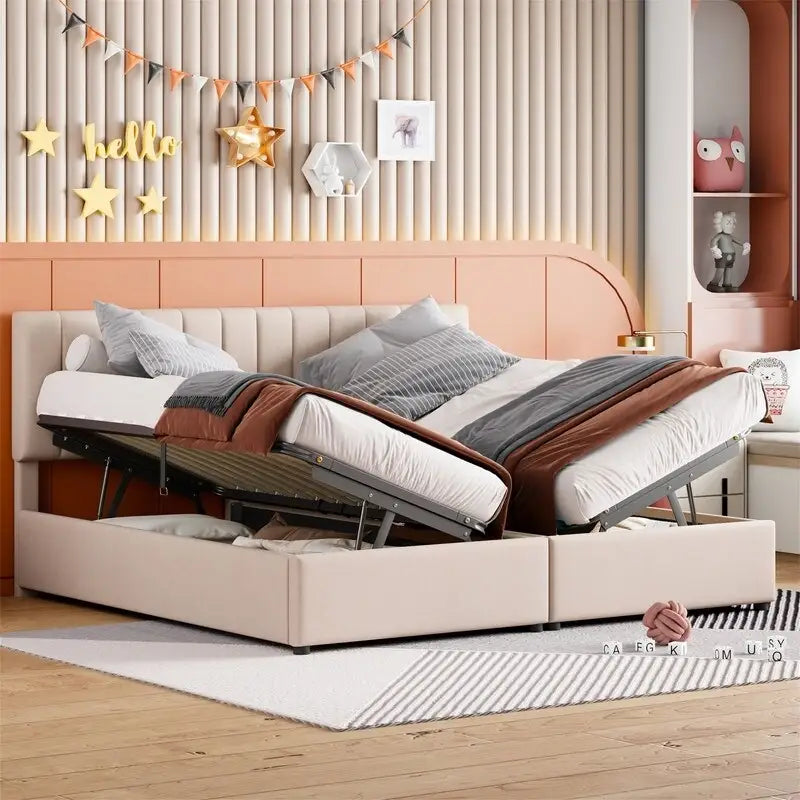 Twin/King Hydraulic Lift Storage Bed with Vertical Stripe Headboard and Slat Support