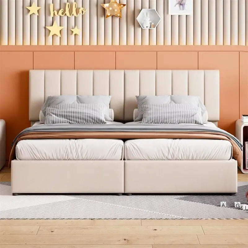Twin/King Hydraulic Lift Storage Bed with Vertical Stripe Headboard and Slat Support
