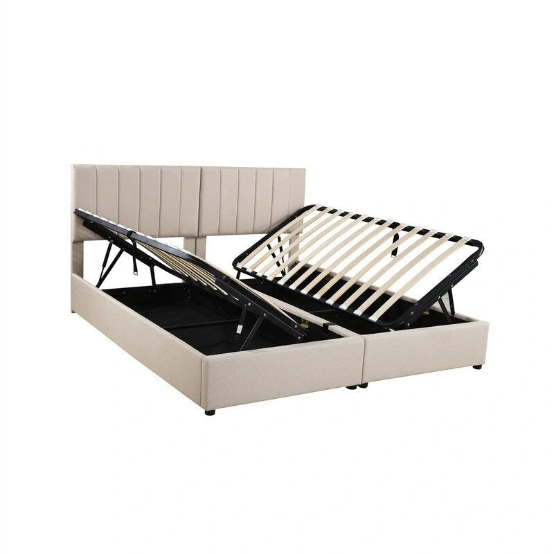Twin/King Hydraulic Lift Storage Bed with Vertical Stripe Headboard and Slat Support