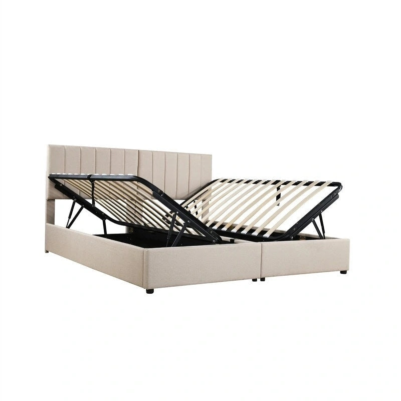Twin/King Hydraulic Lift Storage Bed with Vertical Stripe Headboard and Slat Support