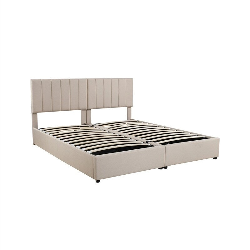 Twin/King Hydraulic Lift Storage Bed with Vertical Stripe Headboard and Slat Support