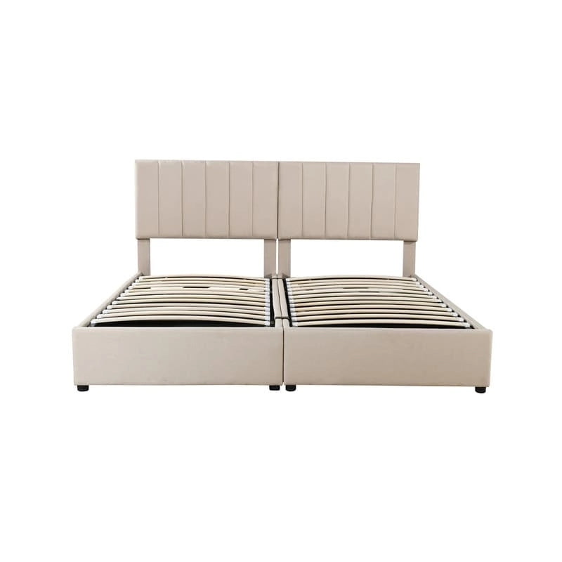 Twin/King Hydraulic Lift Storage Bed with Vertical Stripe Headboard and Slat Support