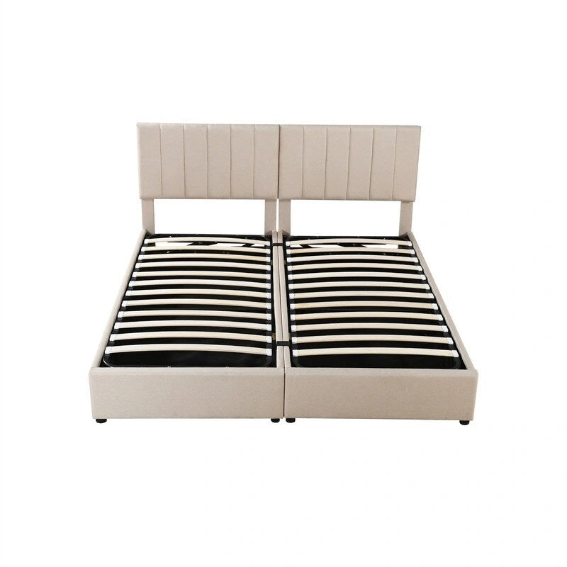 Twin/King Hydraulic Lift Storage Bed with Vertical Stripe Headboard and Slat Support