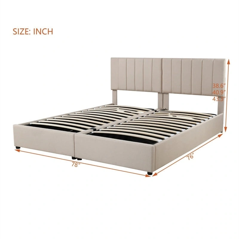 Twin/King Hydraulic Lift Storage Bed with Vertical Stripe Headboard and Slat Support