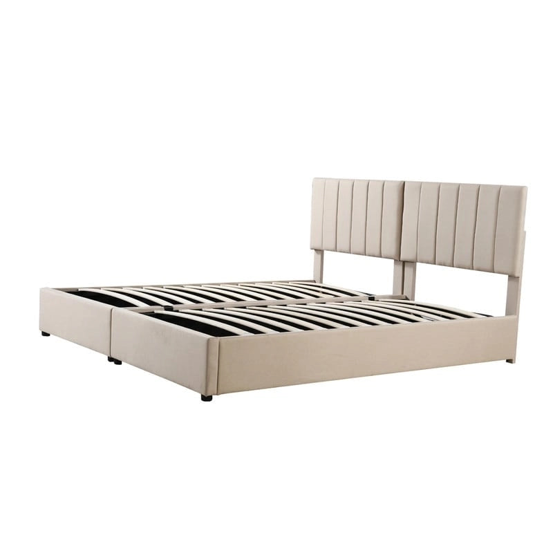 Twin/King Hydraulic Lift Storage Bed with Vertical Stripe Headboard and Slat Support