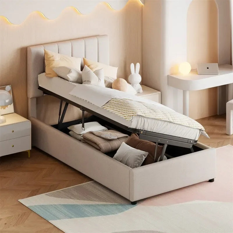 Twin/King Hydraulic Lift Storage Bed with Vertical Stripe Headboard and Slat Support